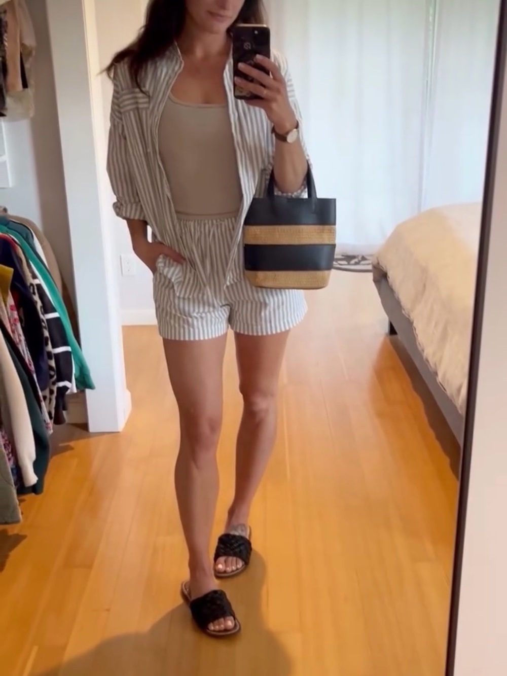 OAK + FORT Light Gray and White Striped Cotton Shorts and button up top (set)